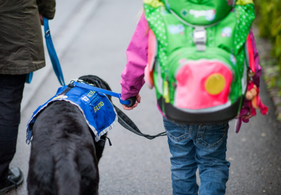 Madre, cane e figlia con la cintura di collegamento sulla strada per andare a scuola